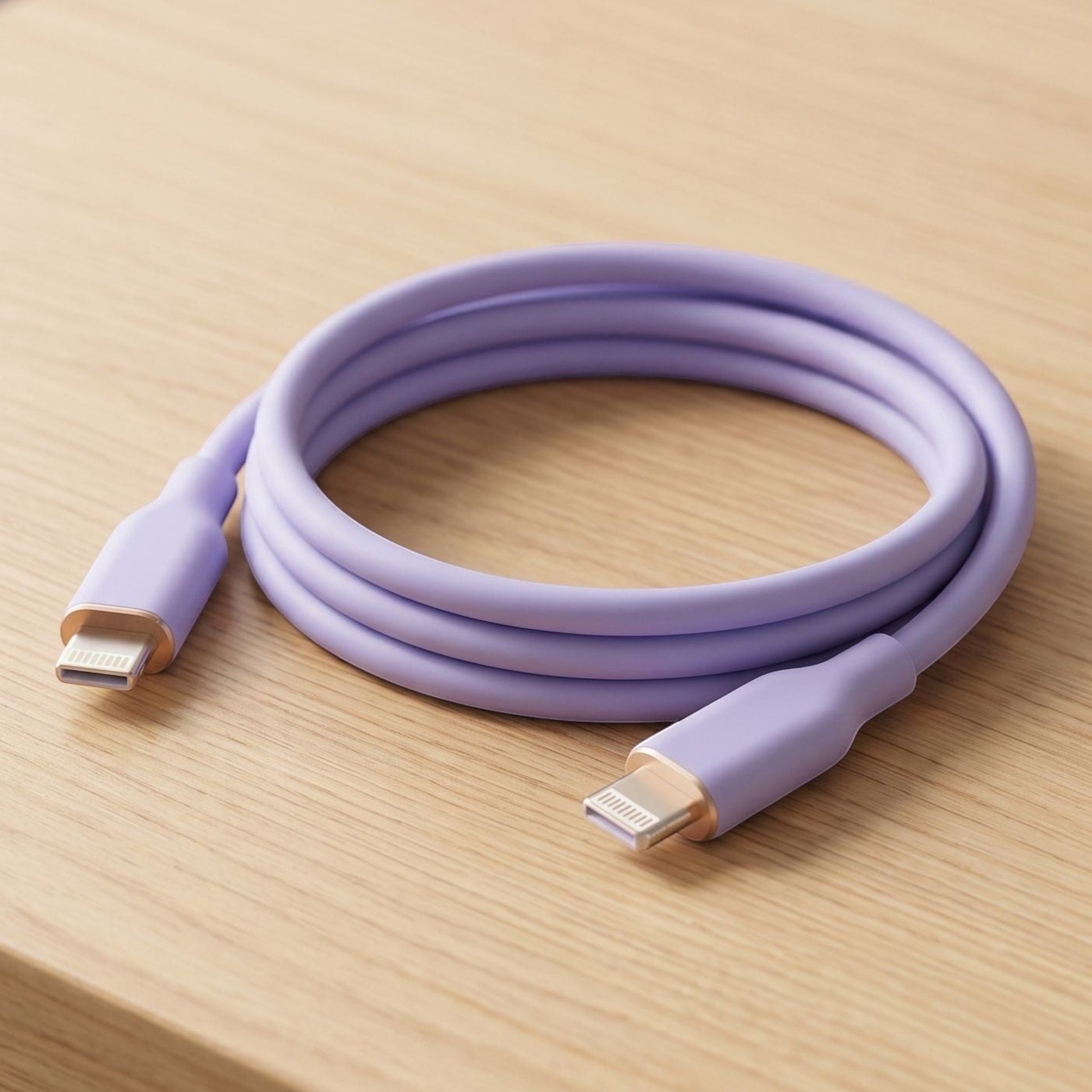 Full-length USB-C cable lying diagonally on a light wooden surface in a workspace or bedside setting, emphasizing its flexibility.