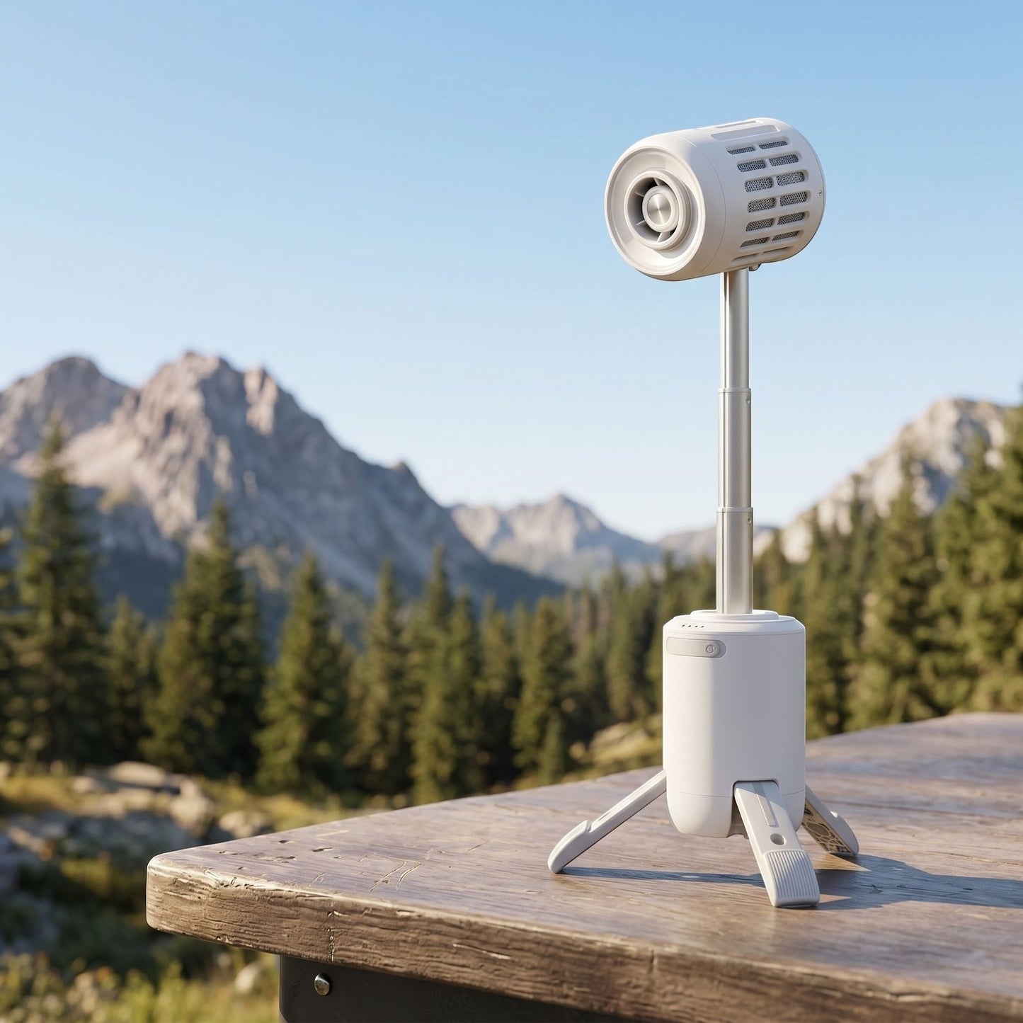 Unbranded portable outdoor fan on camping ledge with mountain and forest scenery in warm natural daylight.