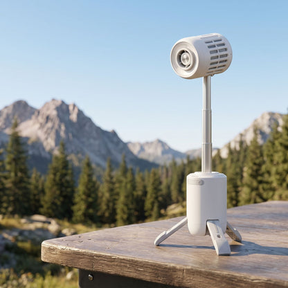 Unbranded portable outdoor fan on camping ledge with mountain and forest scenery in warm natural daylight.