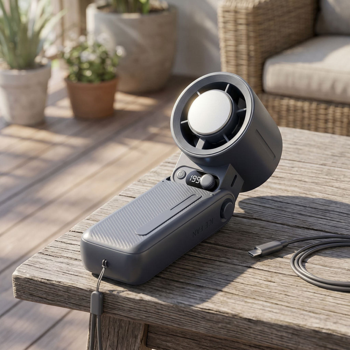 Close-up top-down view of foldable handheld fan on outdoor patio table in natural sunlight.