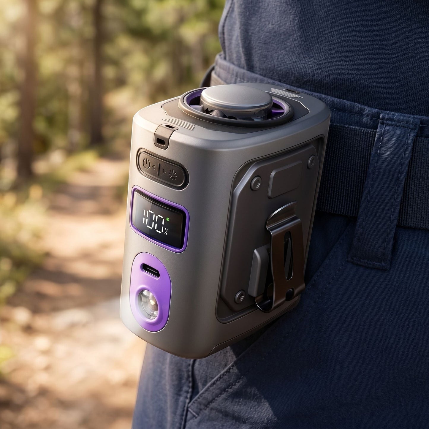 Lifestyle scene with a portable clip fan clipped to a hiking waistband, illuminated by sunlight to emphasize its sleek shape and details.