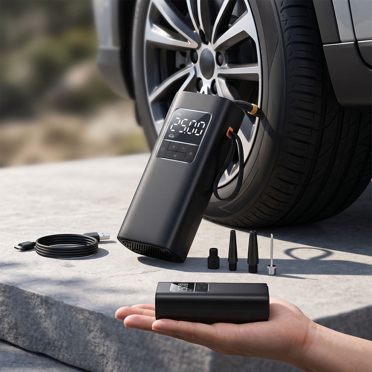 Portable digital tire inflator on a minimal outdoor surface next to a bike or car wheel, showing sleek design and LCD screen.