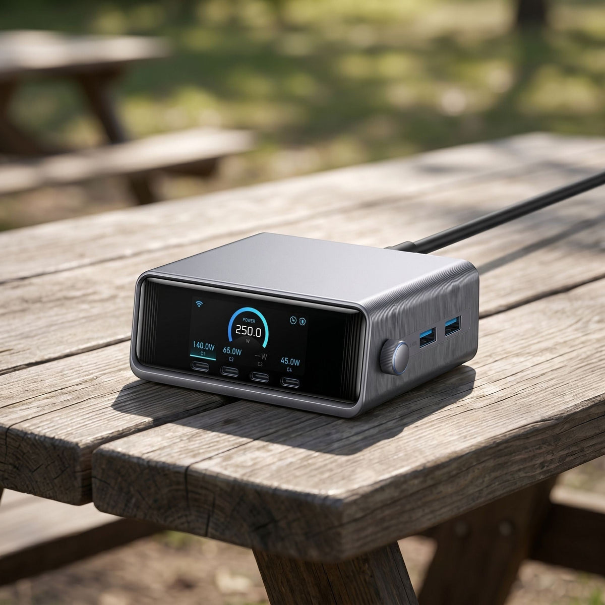 Full view of a small 250W 6-port GaN charging station on a wooden outdoor picnic table in daylight.