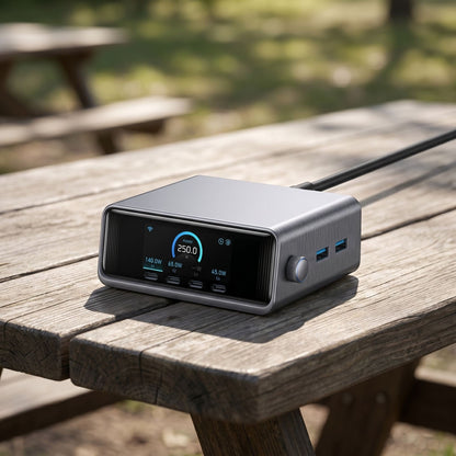 Full view of a small 250W 6-port GaN charging station on a wooden outdoor picnic table in daylight.