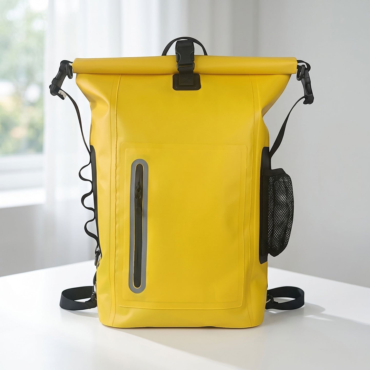 Dry bag backpack placed on textured wooden surface, showing waterproof material, side mesh pocket, and front waterproof zipper in natural outdoor lighting.