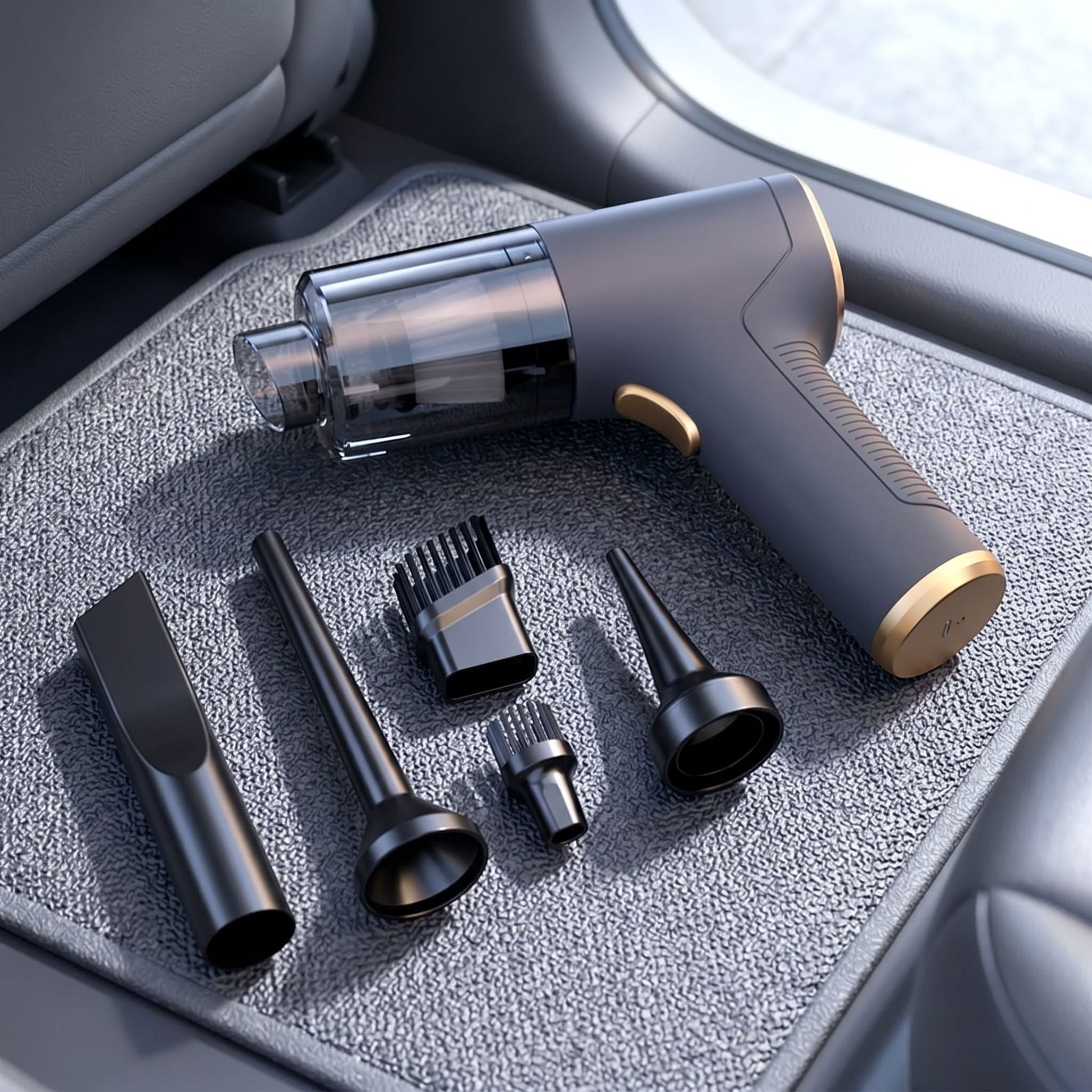 Portable handheld car vacuum resting on a textured fabric car mat with a car seat in the background in soft daylight.
