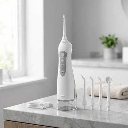 Cordless water flosser with water tank and nozzles on white surface, highlighting sleek design and textures.