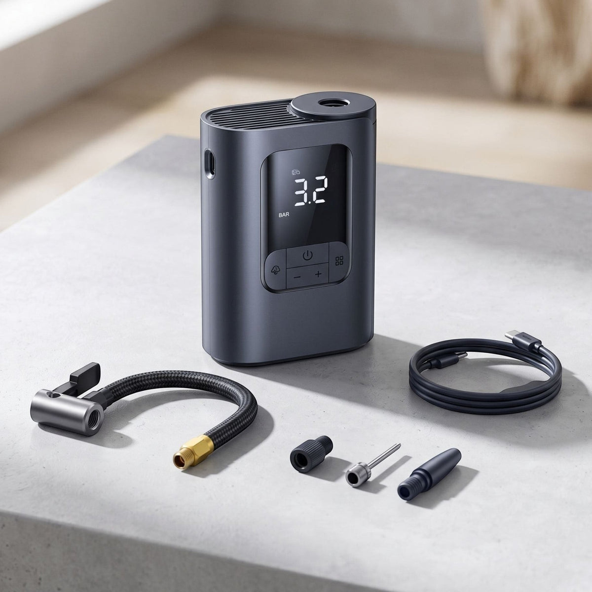 Unbranded portable digital tire inflator with LCD display, showcased on a clean surface in a modern studio setting.