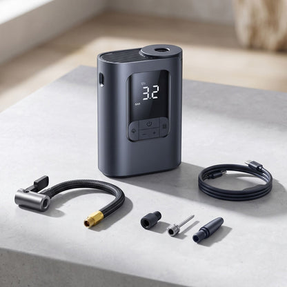 Unbranded portable digital tire inflator with LCD display, showcased on a clean surface in a modern studio setting.