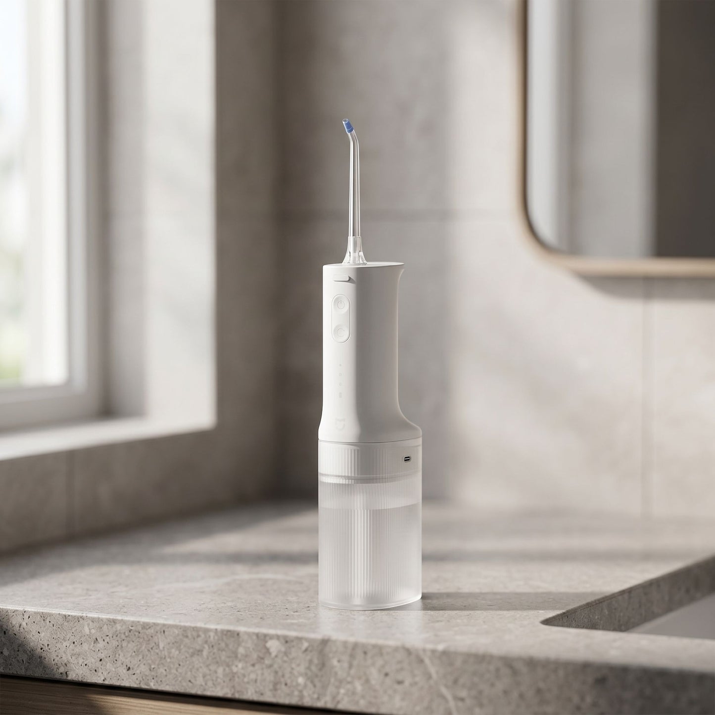 Close-up of a small portable electric water flosser on a bathroom countertop, highlighting its shape, buttons, and water nozzle.