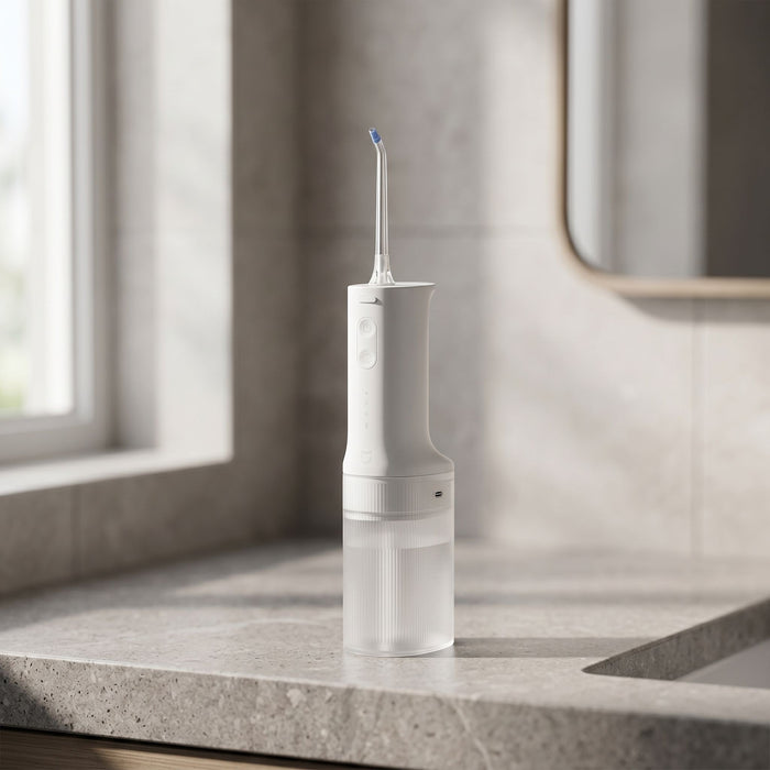Close-up of a small portable electric water flosser on a bathroom countertop, highlighting its shape, buttons, and water nozzle.