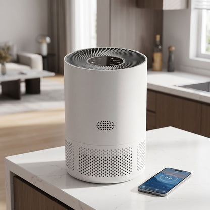 Smart air purifier placed on white kitchen counter with blurred living space in background.