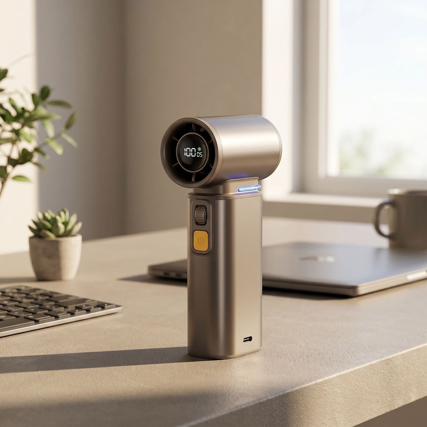 Close-up of unbranded metallic personal fan on a modern office desk, highlighting front grill and control dial in natural light.
