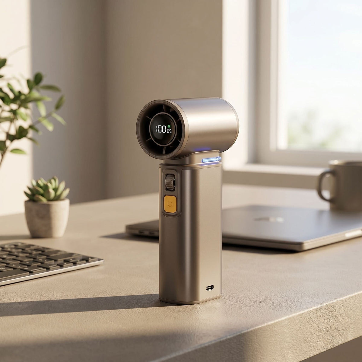 Close-up of unbranded metallic personal fan on a modern office desk, highlighting front grill and control dial in natural light.