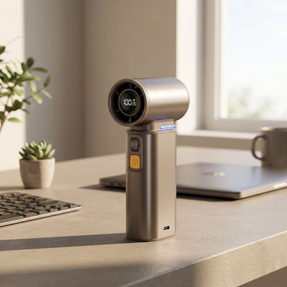 Close-up of unbranded metallic personal fan on a modern office desk, highlighting front grill and control dial in natural light.