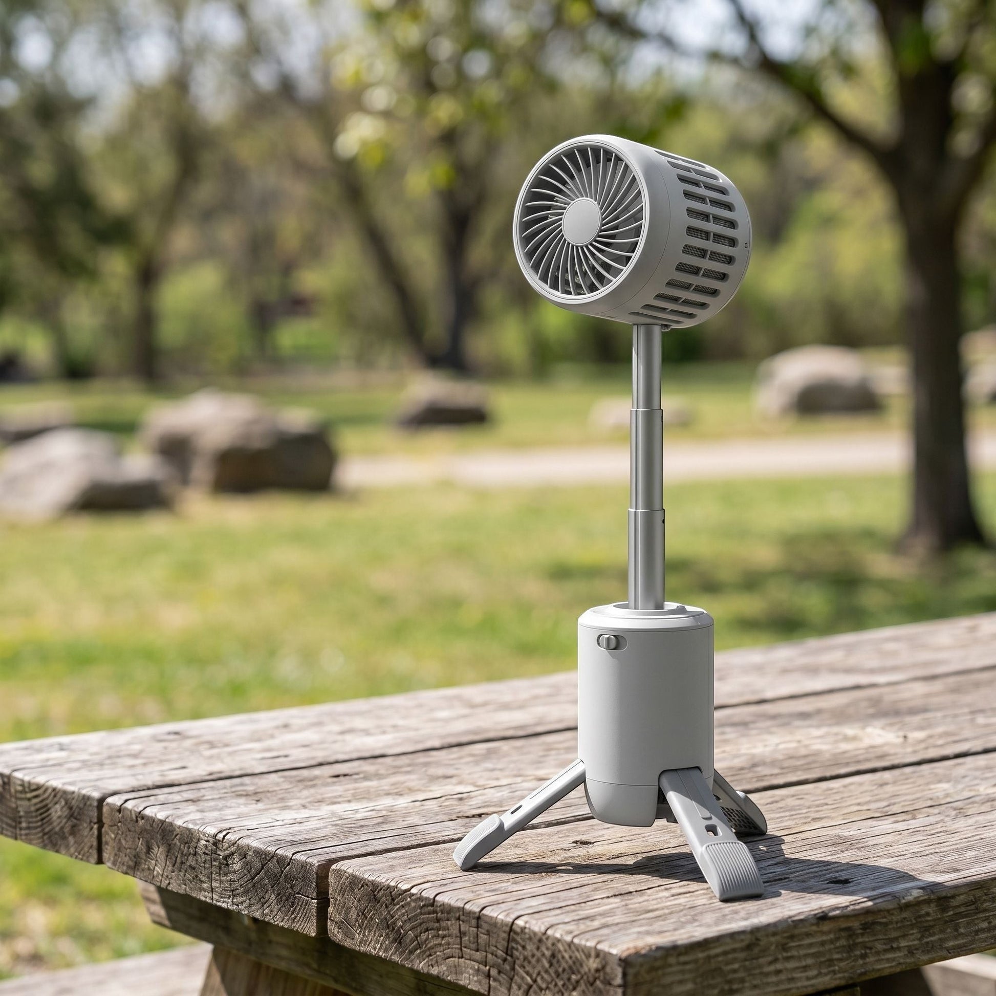 Full-body view of unbranded outdoor fan on wooden picnic table amidst grass and trees, emphasizing portability for outdoor activities.