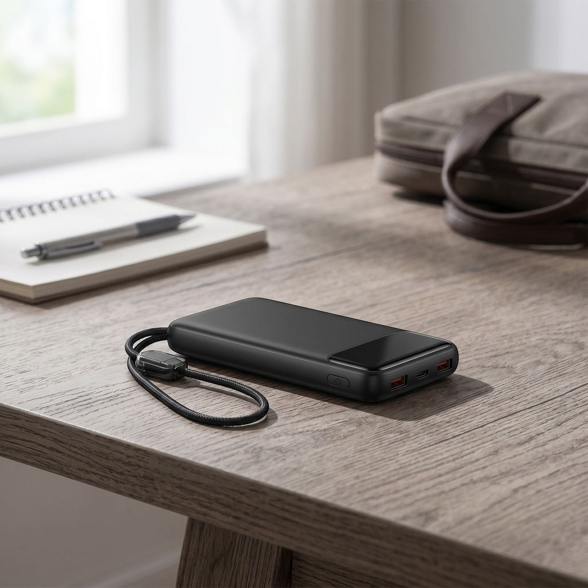 Slim portable power bank on a wooden desk with blurred notebooks and smartphone, emphasizing its compact size and daily use.