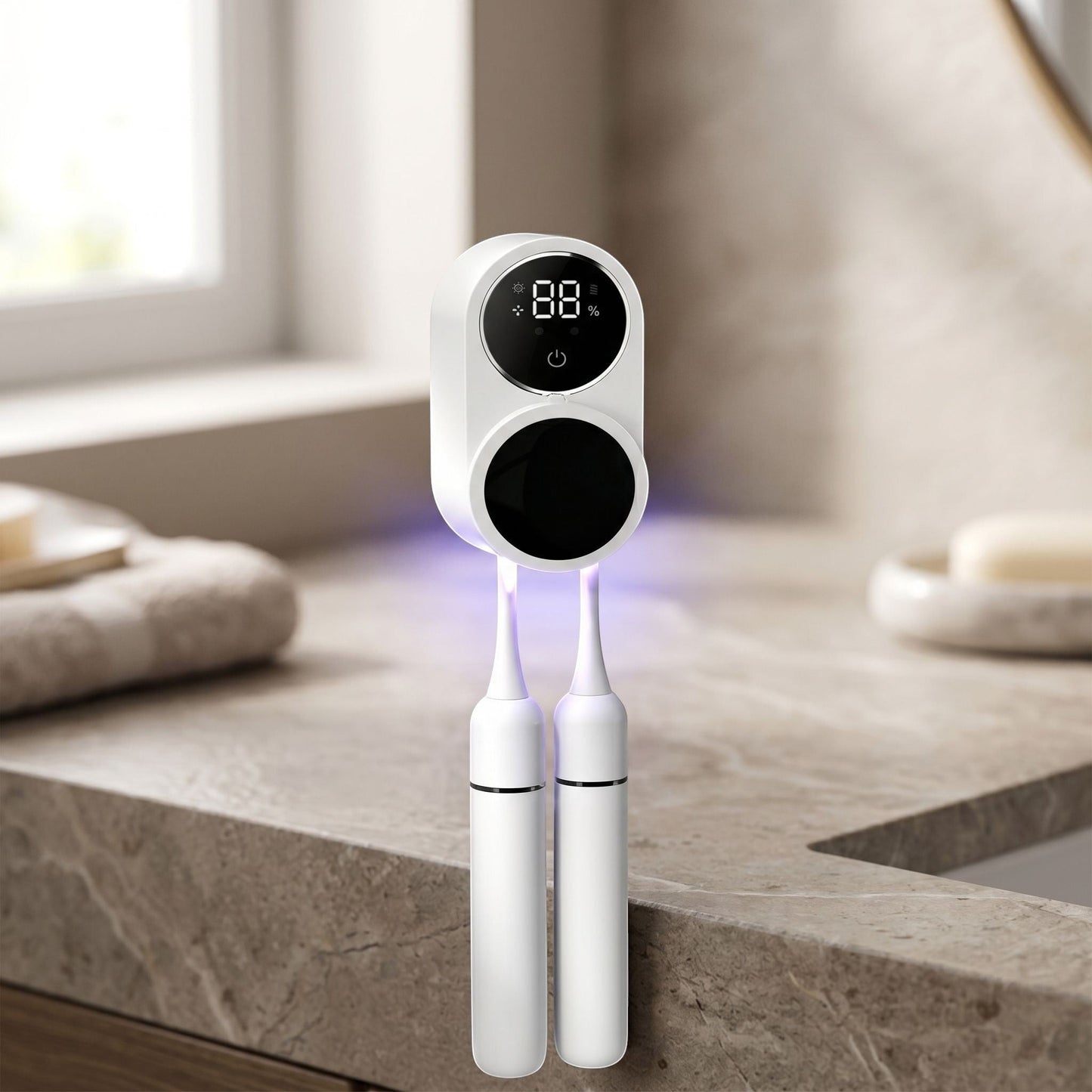 Portable toothbrush sterilizer case with dual slots, LED display, and automatic drying, placed on a modern bathroom countertop.