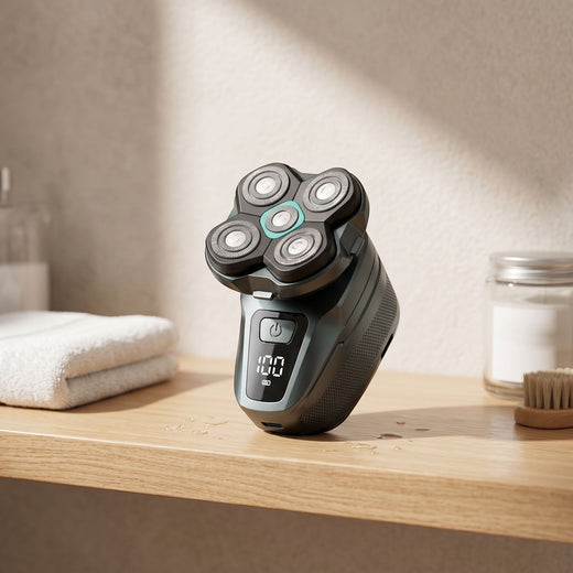 Full-body shot of a small cordless electric head shaver on a wooden bathroom shelf with natural daylight, showcasing its waterproof feature.