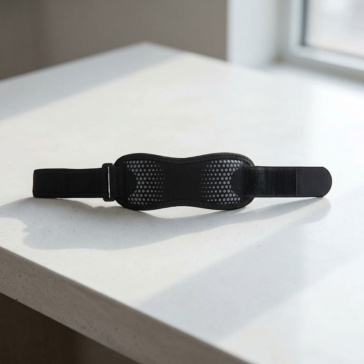 Knee strap laid flat on modern surface with natural lighting emphasizing material and texture.