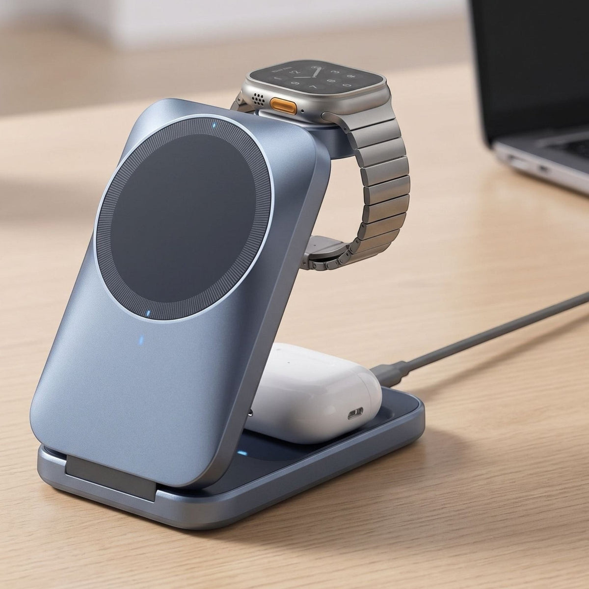 Compact 3-in-1 wireless charging station on a modern workspace, with active charging areas and subtle reflections, in soft natural lighting.