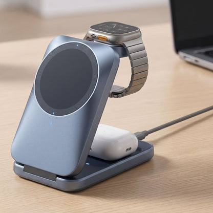Compact 3-in-1 wireless charging station on a modern workspace, with active charging areas and subtle reflections, in soft natural lighting.