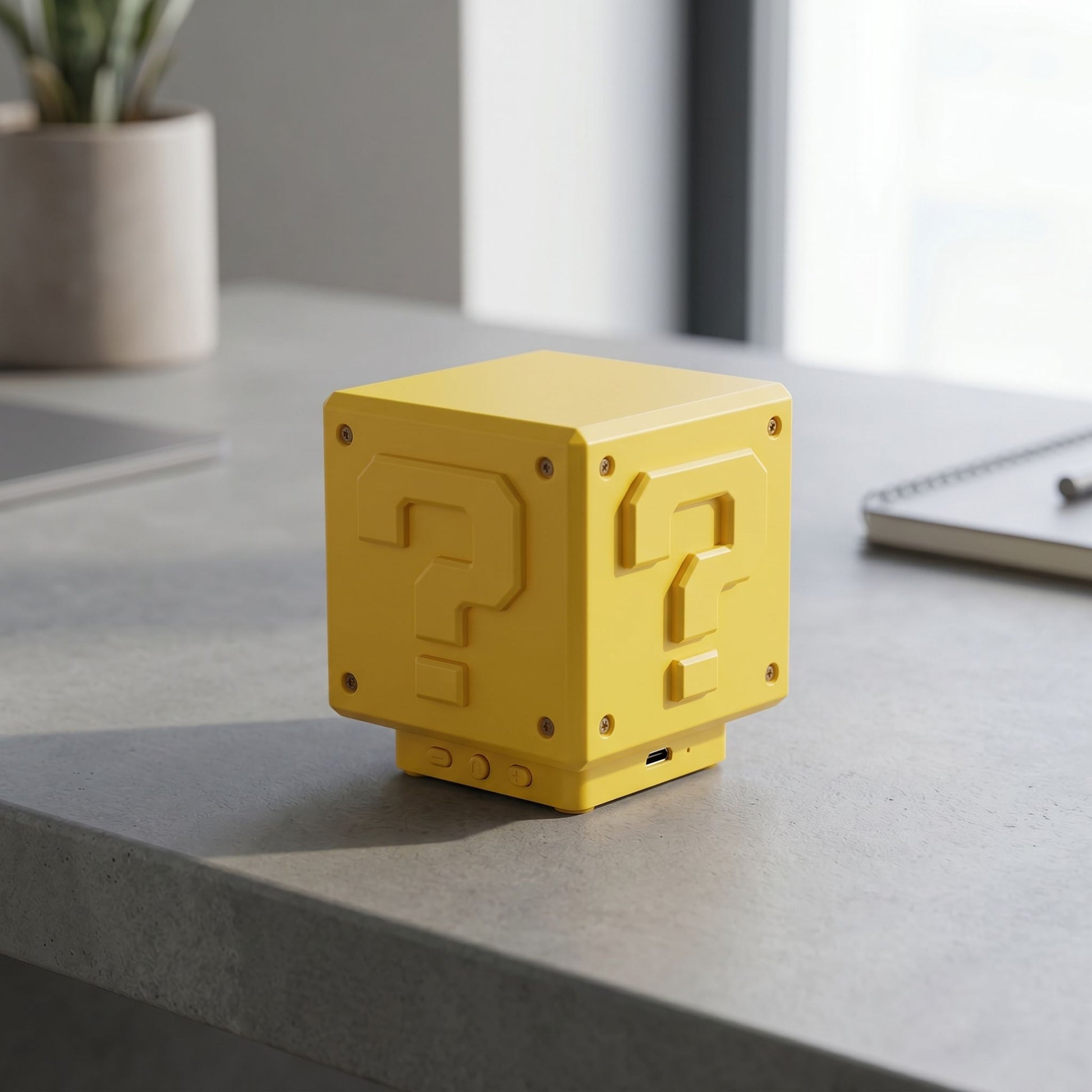 Small question mark LED night light with 3D design on a neutral surface, highlighting shape, glow, and USB port without branding.
