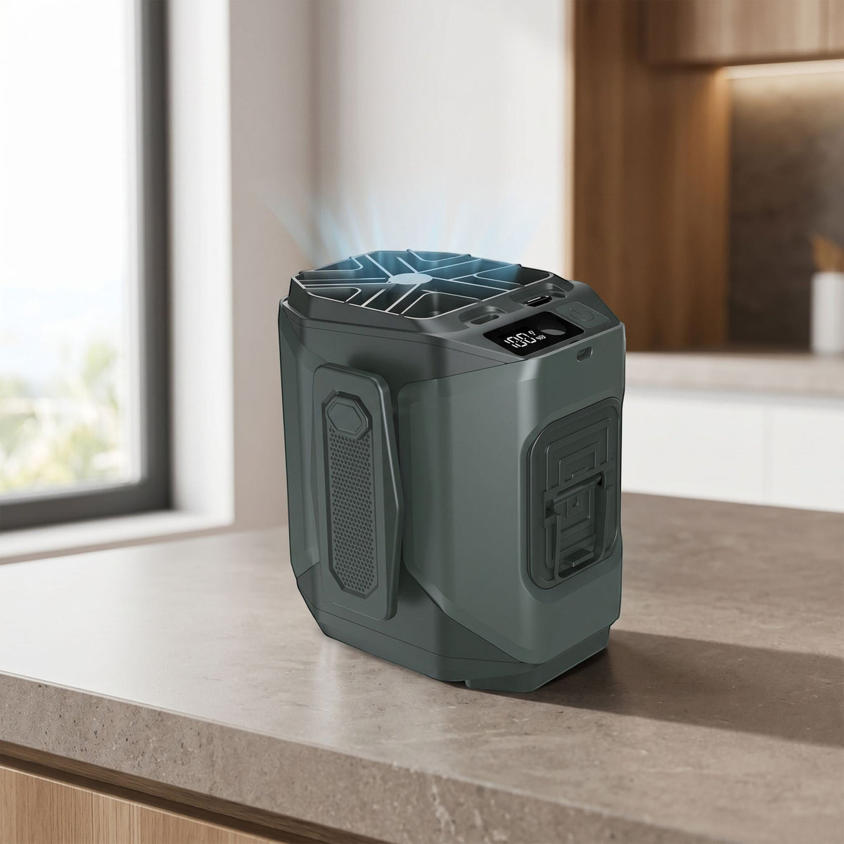 Portable rechargeable waist fan with LED display, clip, and power bank feature placed on a modern countertop with natural light.