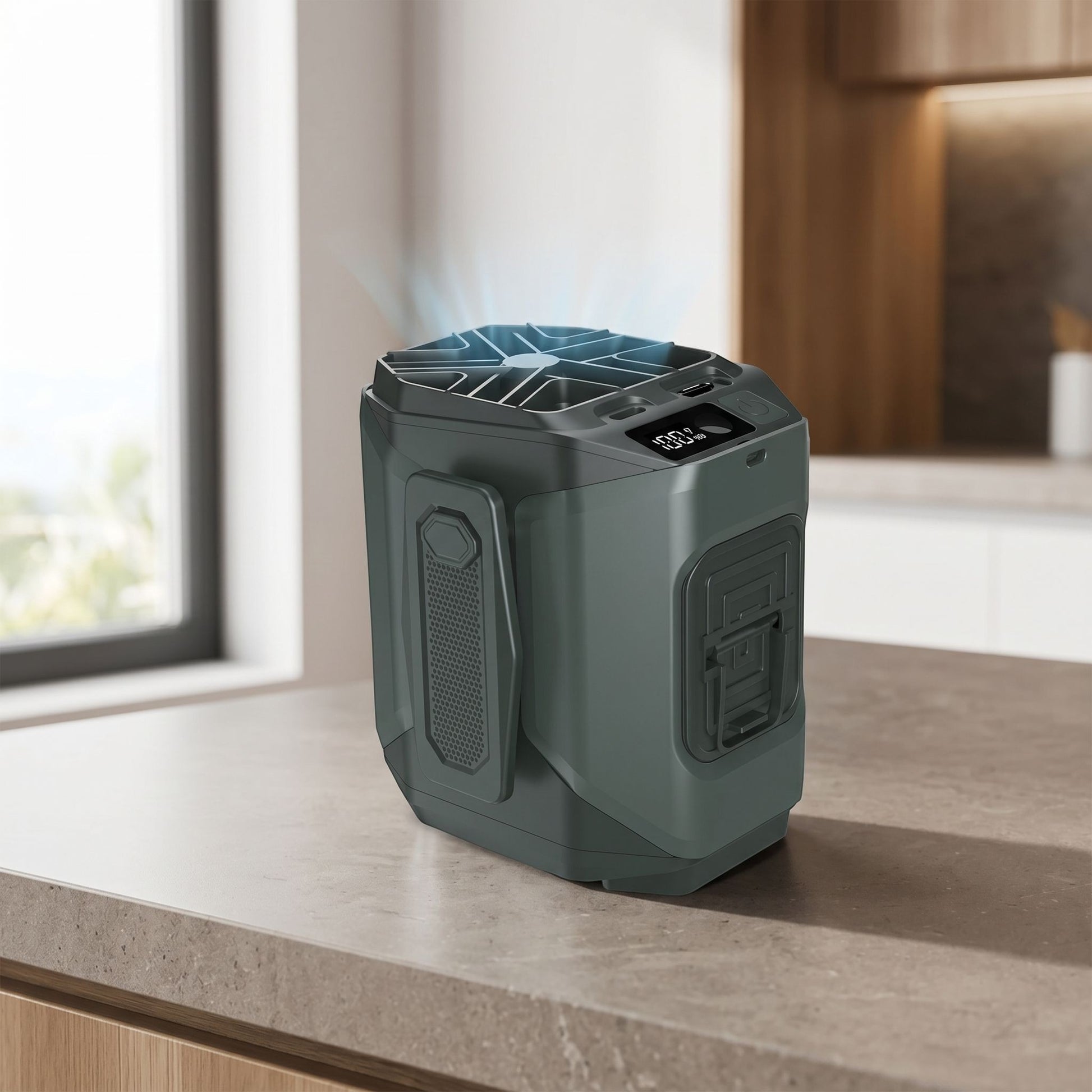 Portable rechargeable waist fan with LED display, clip, and power bank feature placed on a modern countertop with natural light.