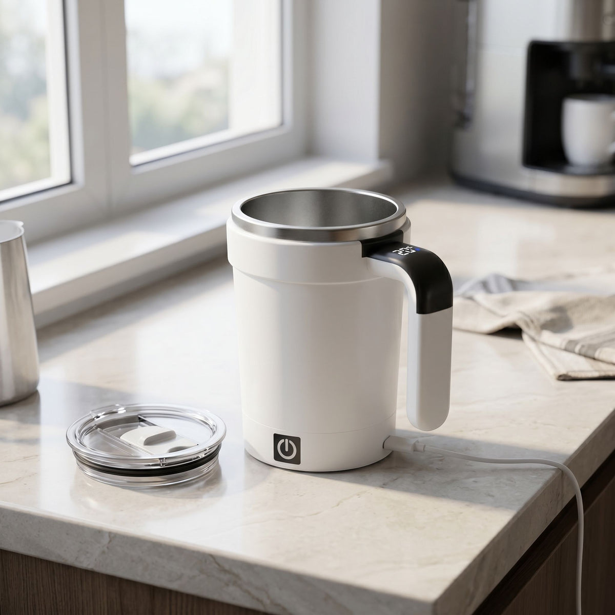 Close-up of a self-stirring coffee cup showing stainless steel interior and leak-resistant lid on a modern kitchen counter.