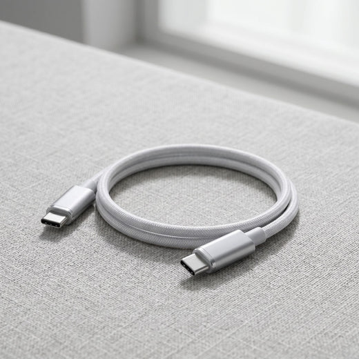 Full-length shot of a compact USB-C to USB-C cable lying flat on a textured fabric surface, emphasizing its size and premium build.