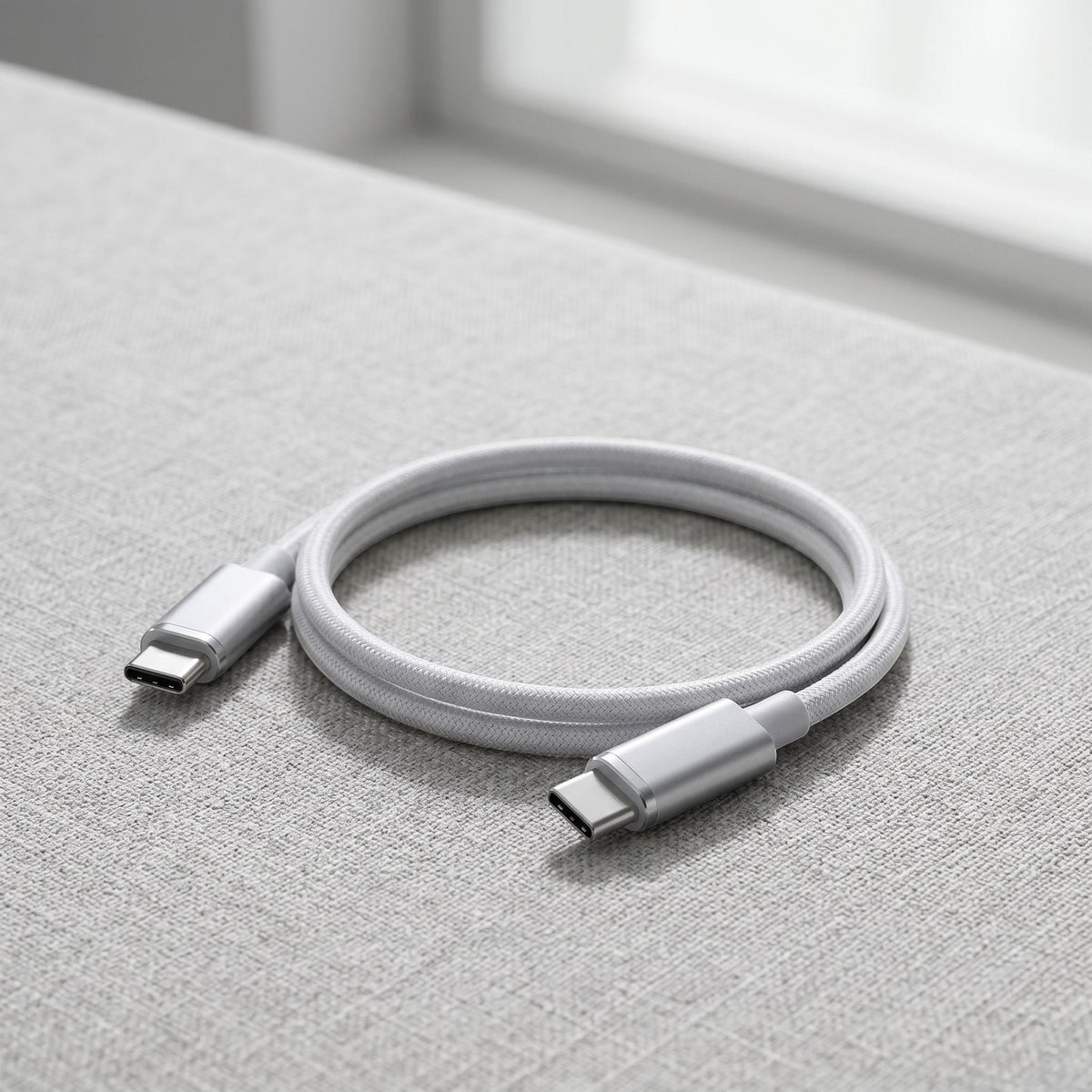 Full-length shot of a compact USB-C to USB-C cable lying flat on a textured fabric surface, emphasizing its size and premium build.