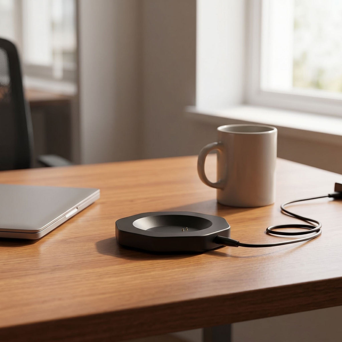 Side profile of a black smart mug charging dock next to a coffee mug and laptop on an office desk, showing the probe contact and stable base.