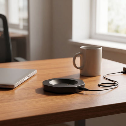 Side profile of a black smart mug charging dock next to a coffee mug and laptop on an office desk, showing the probe contact and stable base.