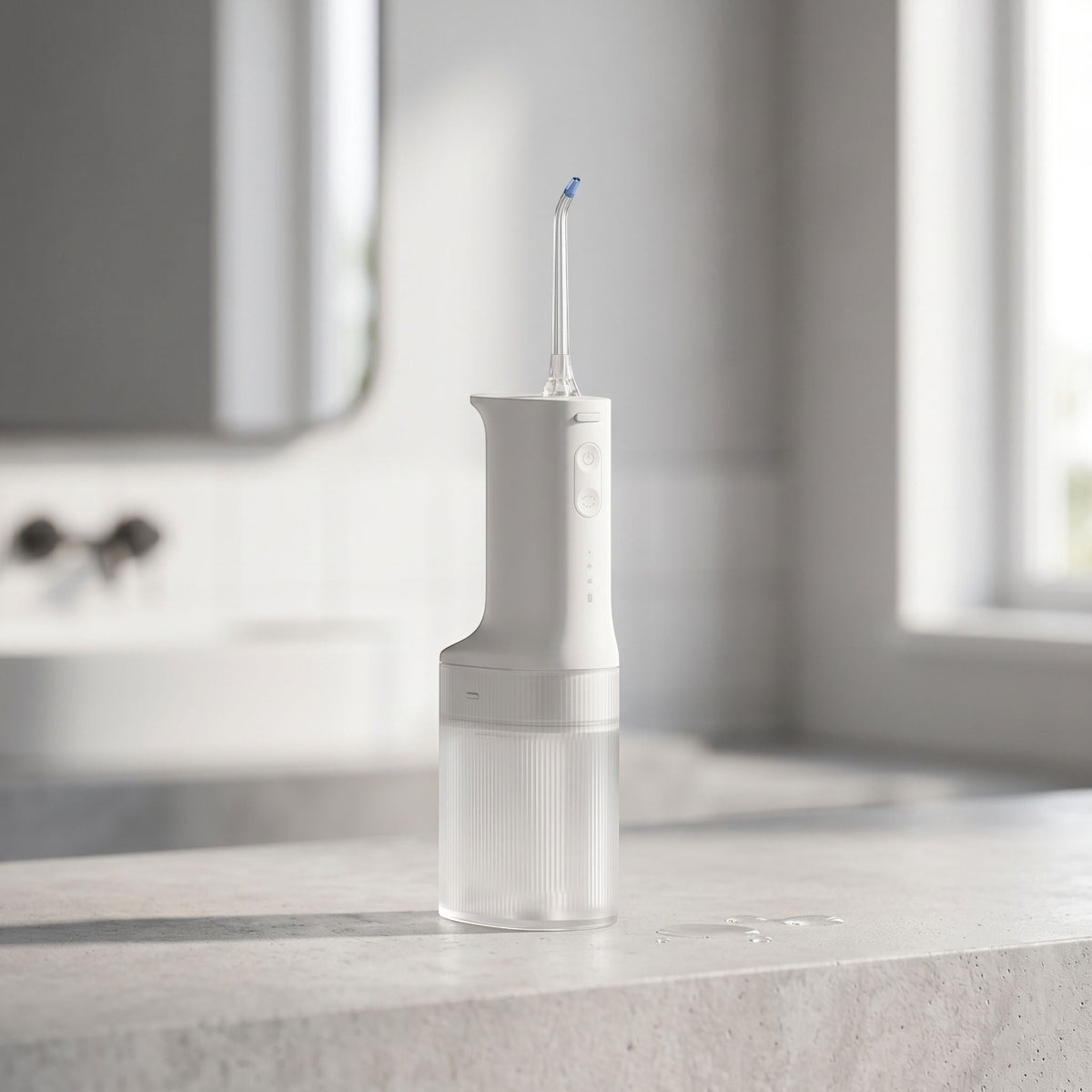 Side view of a small electric water flosser focusing on its slim profile and water tank, with a blurred bathroom background for context.