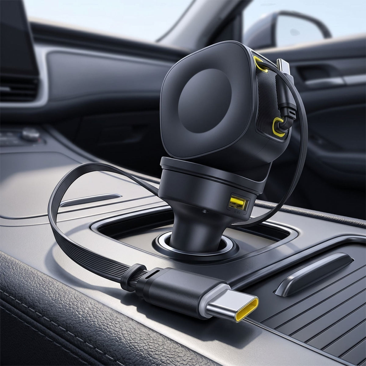 Side view of the 100W retractable car charger installed in a lighter socket with partially extended cable, highlighting sleek profile and port accessibility during a road trip scene.