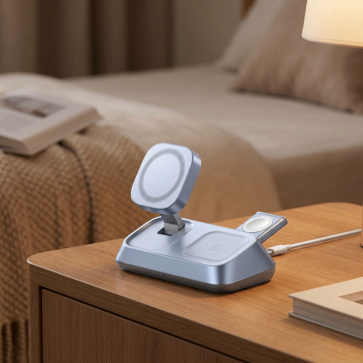 Side angle of unbranded wireless charging stand with magnetic areas and foldable hinge in a warm bedroom scene.