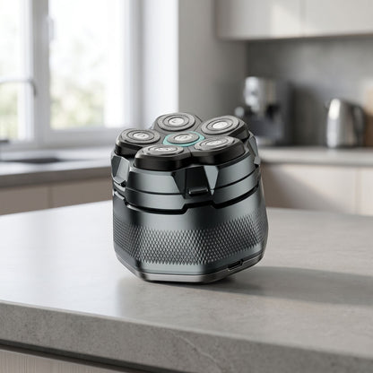 Detailed side view of a compact electric head shaver with stainless steel blades on a matte surface, highlighting waterproof and easy-clean features.