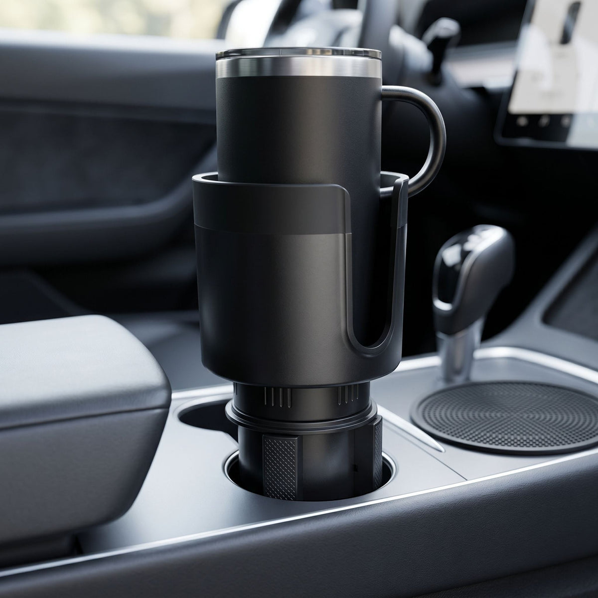 Side perspective of a car cup holder extender on a textured surface inside a vehicle, highlighting its slim profile and adjustable features.