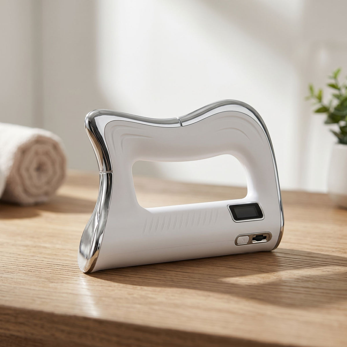 Side view of small electric fascia massage device on wooden tabletop in bright natural light, emphasizing size and finish.