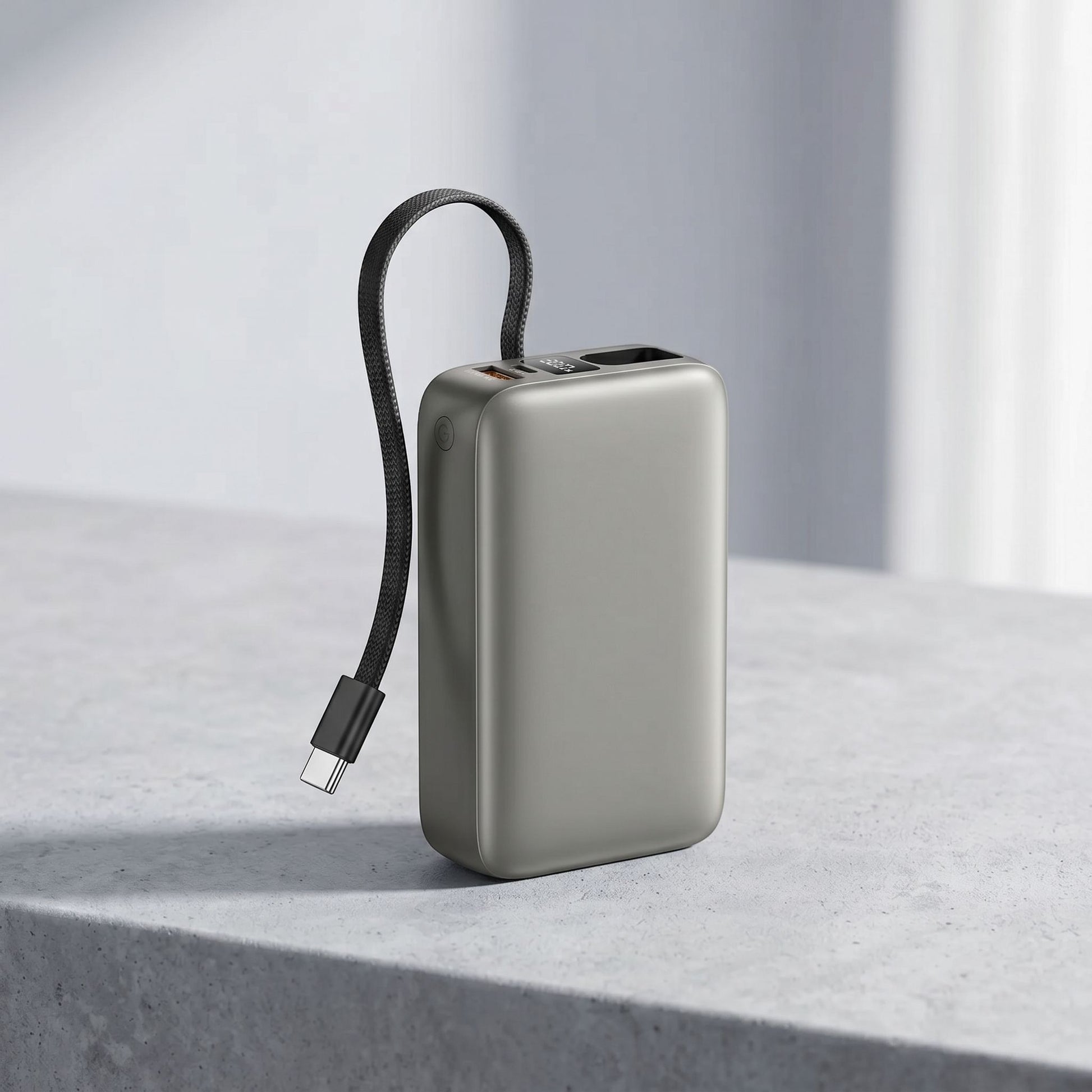 Power bank in a natural outdoor setting with side view highlighting ports and built-in cable against a textured surface.