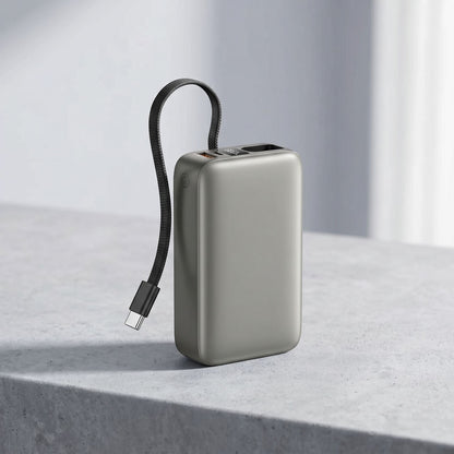 Power bank in a natural outdoor setting with side view highlighting ports and built-in cable against a textured surface.