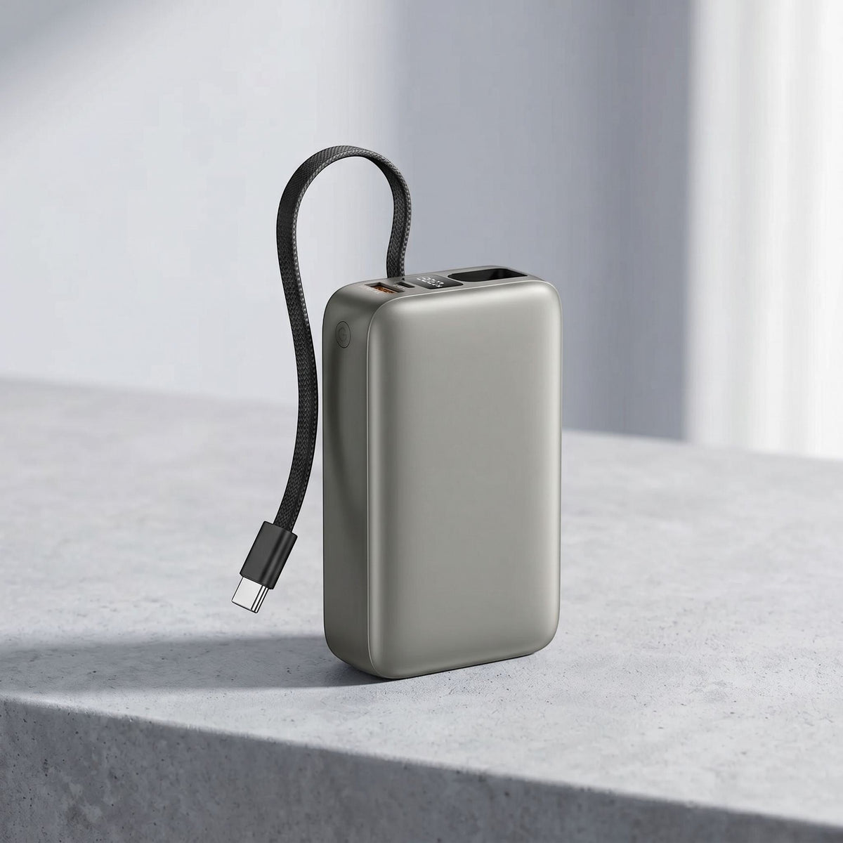 Power bank in a natural outdoor setting with side view highlighting ports and built-in cable against a textured surface.