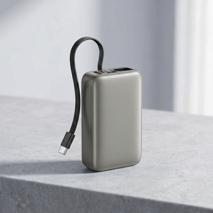 Power bank in a natural outdoor setting with side view highlighting ports and built-in cable against a textured surface.