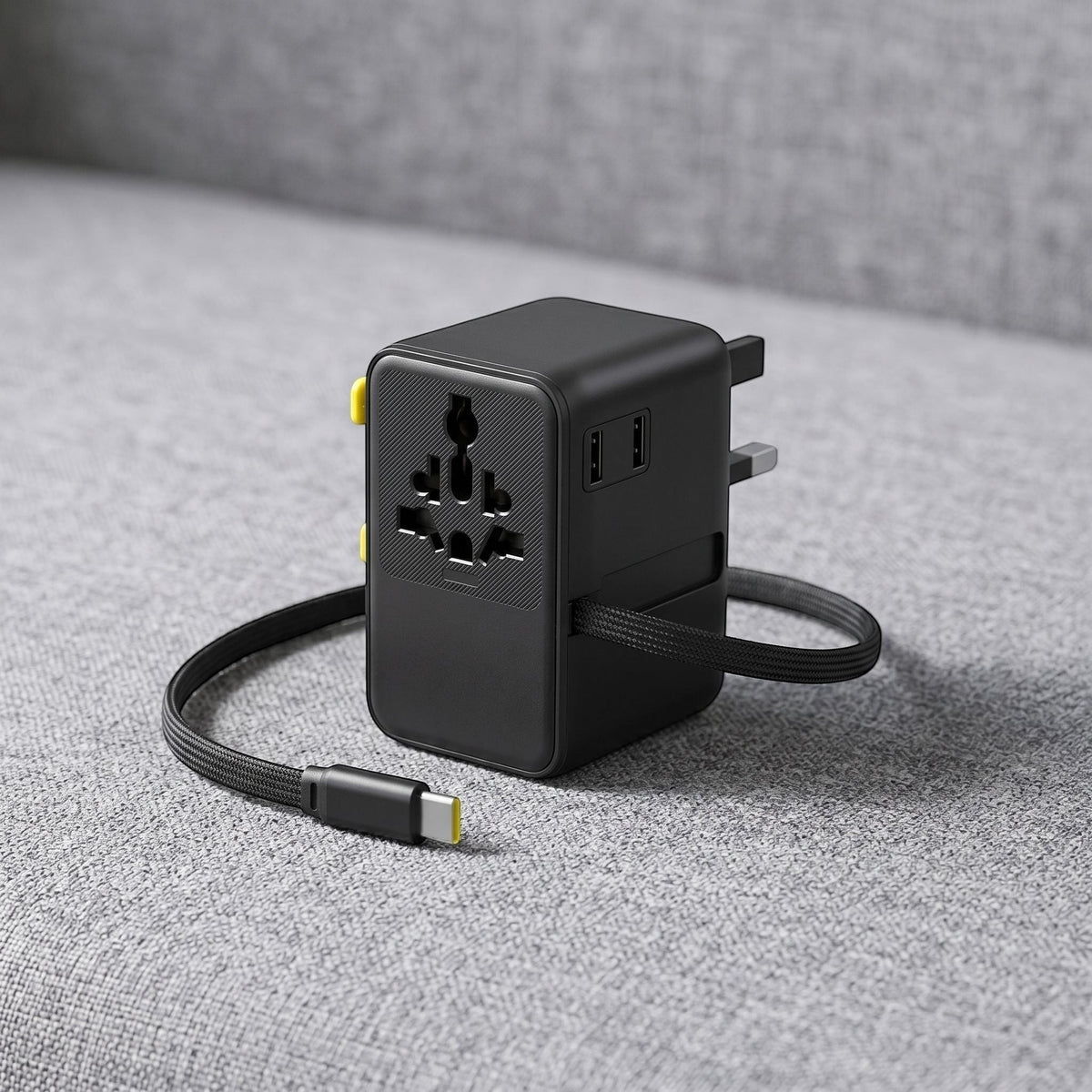 Small black travel adapter placed on textured fabric, showing ports and retractable USB-C cable with soft natural lighting.