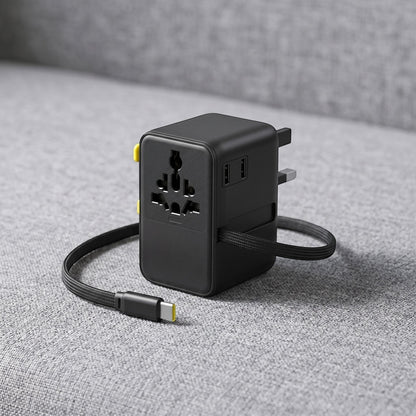 Small black travel adapter placed on textured fabric, showing ports and retractable USB-C cable with soft natural lighting.