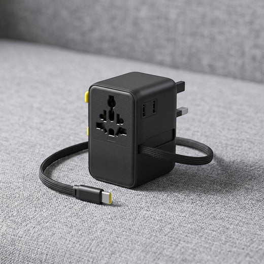 Small black travel adapter placed on textured fabric, showing ports and retractable USB-C cable with soft natural lighting.