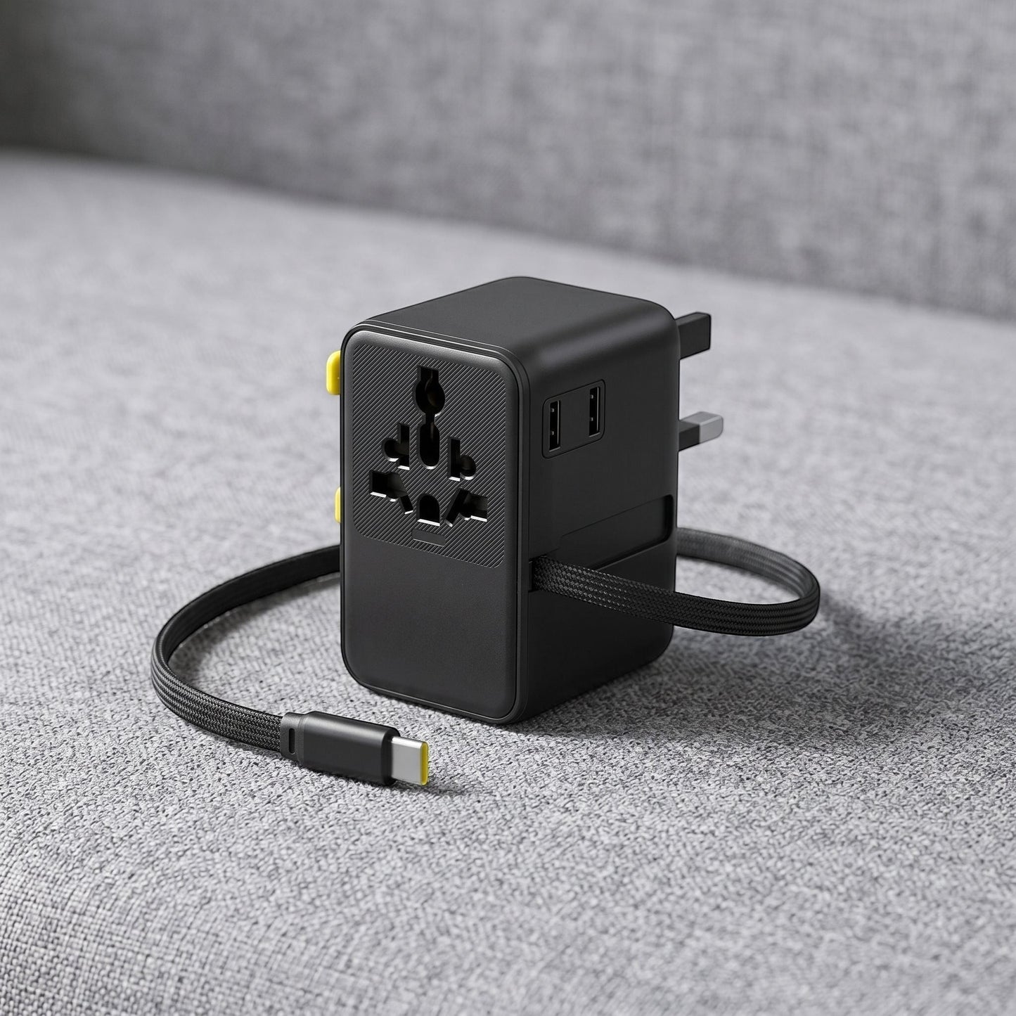 Small black travel adapter placed on textured fabric, showing ports and retractable USB-C cable with soft natural lighting.