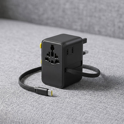Small black travel adapter placed on textured fabric, showing ports and retractable USB-C cable with soft natural lighting.