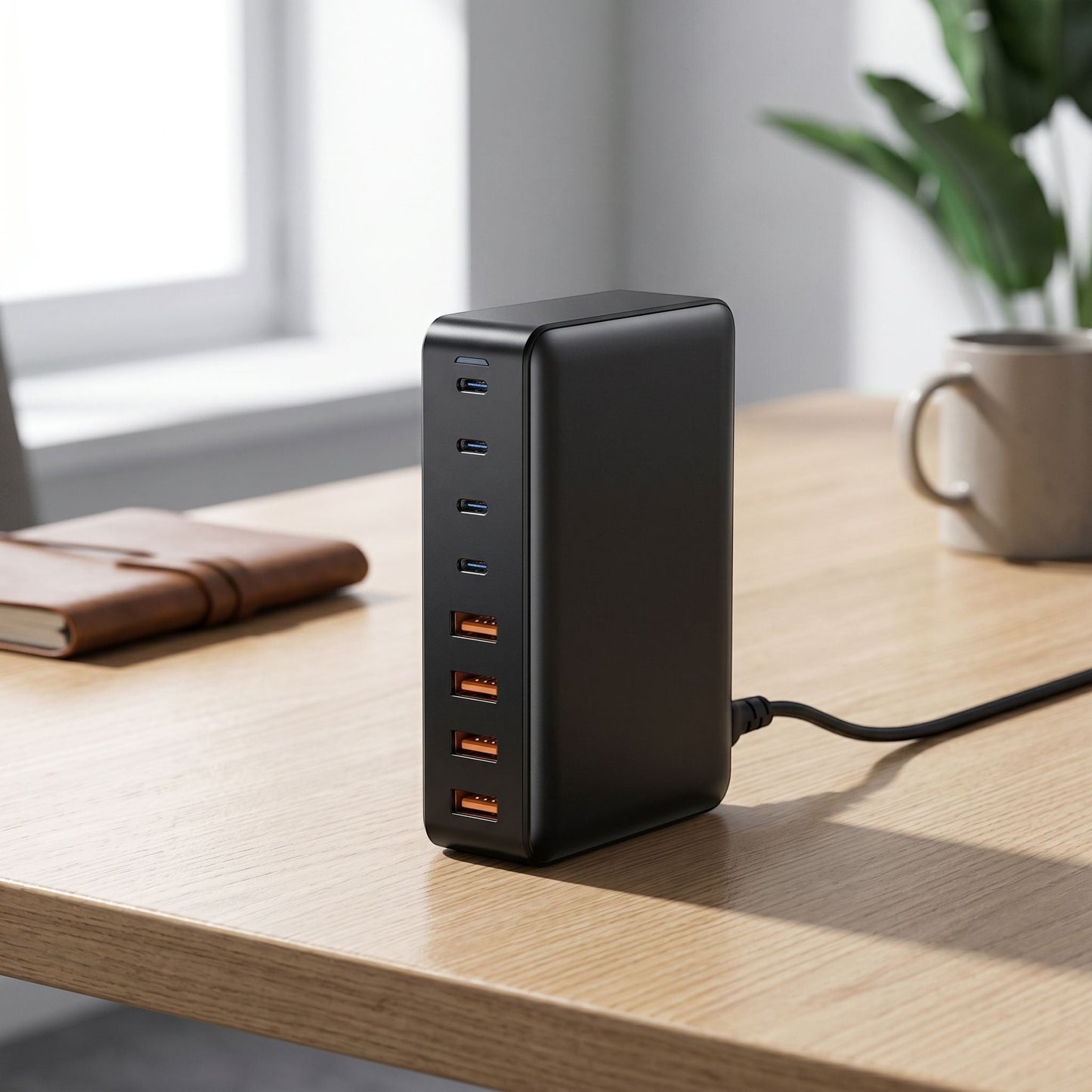 Sleek GaN desktop charging station with organized port layout, positioned on a contemporary home or office desk.